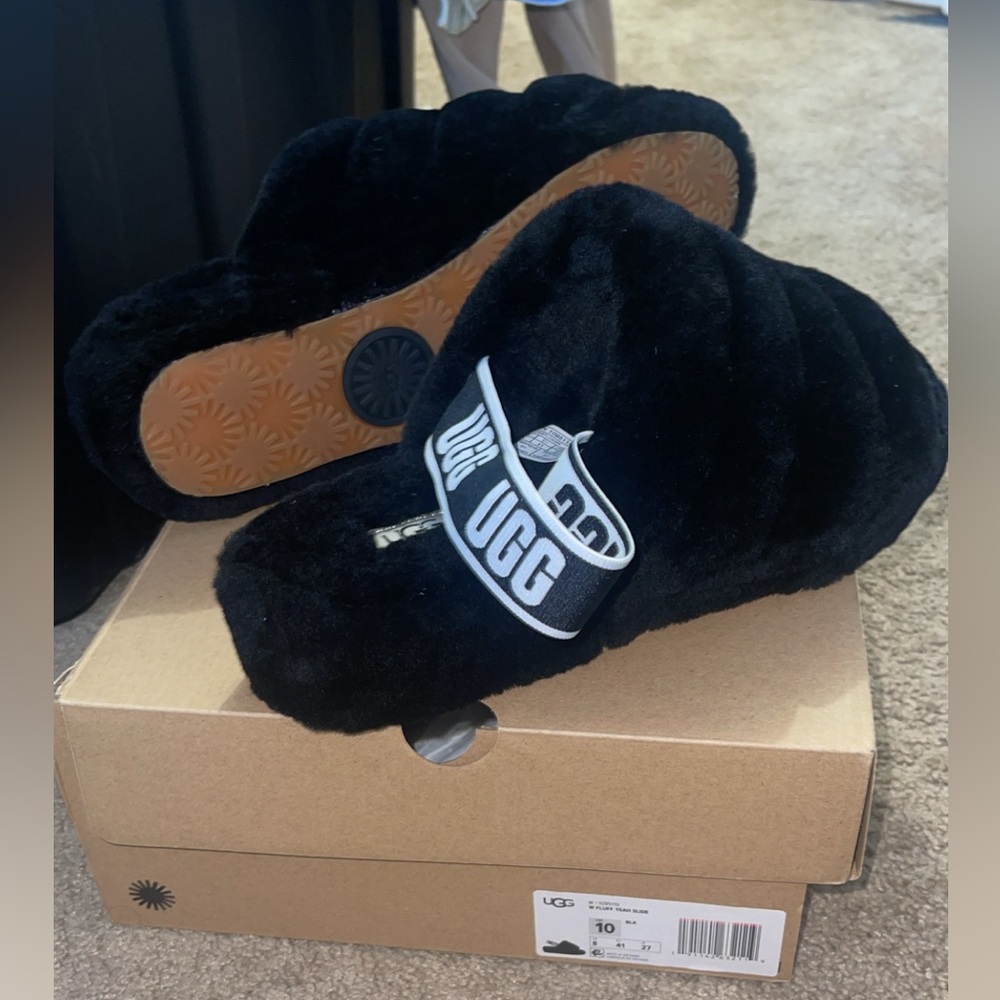UGG Black Fluffy Slippers